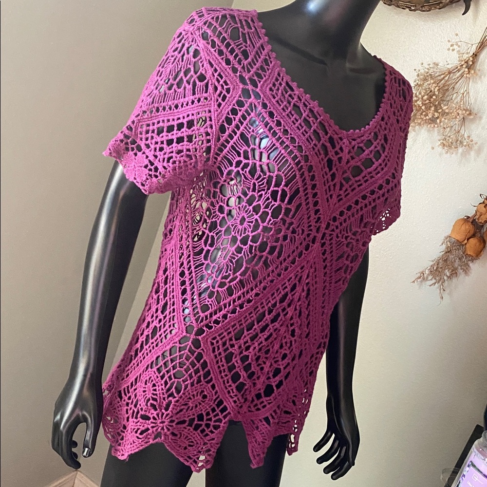 Purple Crochet Short Sleeve Top - Picture 4 of 11